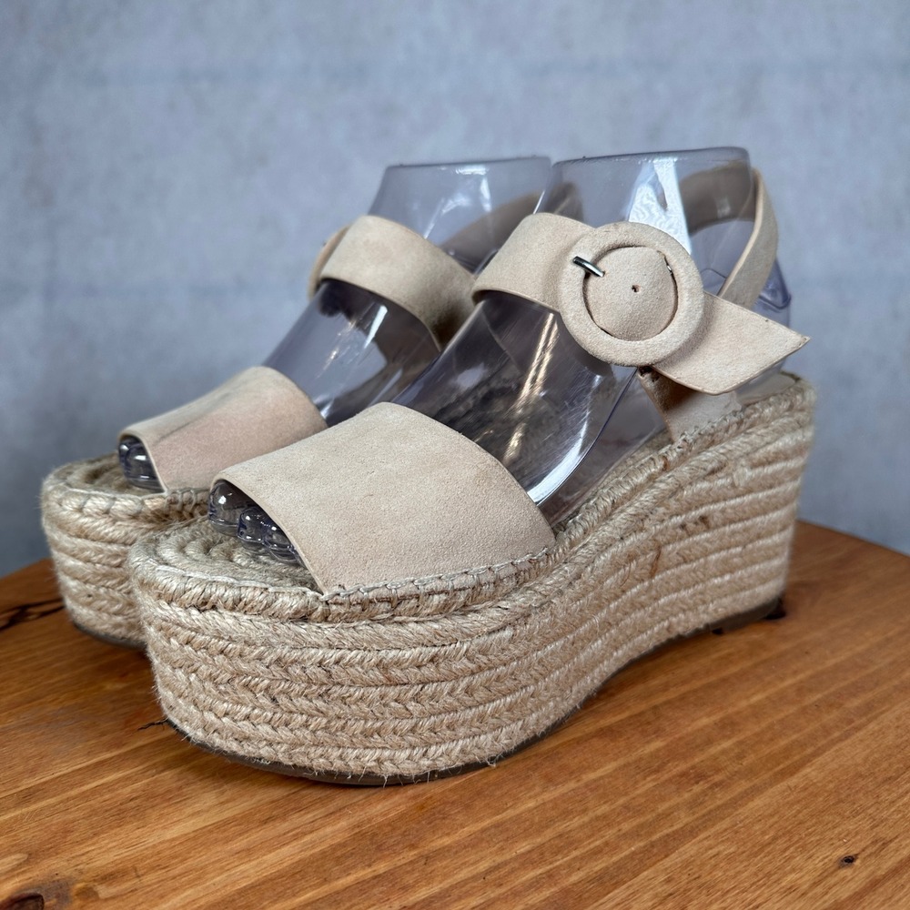 Marc Fisher Espadrille Wedge Sandals Women 7M Tan Good Suede Platform Buckle
